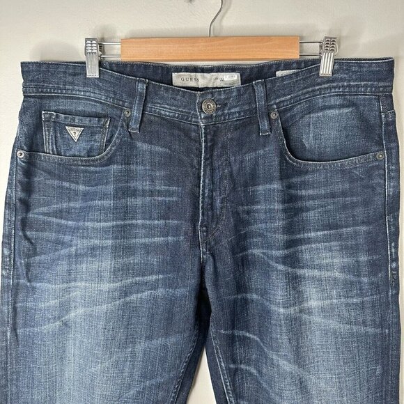 Guess Jeans Mens Blue Denim Falcon Regular Boot Cut Distressed Dark Wash Size 36 - Picture 2 of 13